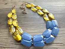 Load image into Gallery viewer, Gold &amp; Blue Big Bead Necklace, multi Strand Statement Jewelry, layered chain Chunky bib, bridesmaid necklace beaded painted yellow