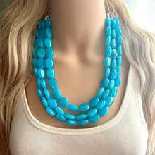 Load image into Gallery viewer, Caribbean Blue 3 strand Beaded Statement Necklace, Chunky Bib Multi-Strand Jewelry, blue drop earrings, neutral necklace turquoise aqua