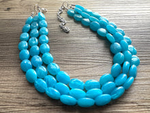 Load image into Gallery viewer, Caribbean Blue 3 strand Beaded Statement Necklace, Chunky Bib Multi-Strand Jewelry, blue drop earrings, neutral necklace turquoise aqua