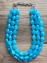 Load image into Gallery viewer, Caribbean Blue 3 strand Beaded Statement Necklace, Chunky Bib Multi-Strand Jewelry, blue drop earrings, neutral necklace turquoise aqua