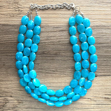 Load image into Gallery viewer, Caribbean Blue 3 strand Beaded Statement Necklace, Chunky Bib Multi-Strand Jewelry, blue drop earrings, neutral necklace turquoise aqua