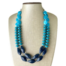 Load image into Gallery viewer, Turquoise &amp; Navy Blue Boulevard double strand OOAK statement Necklace, Aqua Beaded Necklace, summer jewelry purple silver navy blue