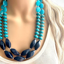 Load image into Gallery viewer, Turquoise &amp; Navy Blue Boulevard double strand OOAK statement Necklace, Aqua Beaded Necklace, summer jewelry purple silver navy blue