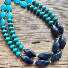 Load image into Gallery viewer, Turquoise &amp; Navy Blue Boulevard double strand OOAK statement Necklace, Aqua Beaded Necklace, summer jewelry purple silver navy blue