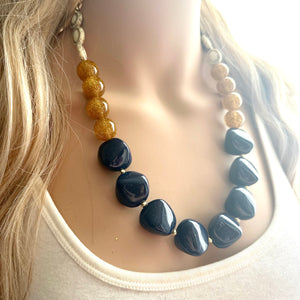 Nautical Chunky Statement Necklace, Big beaded jewelry, Single Strand Statement Necklace, navy blue an cream, gold navy necklace, white gold