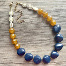 Load image into Gallery viewer, Nautical Chunky Statement Necklace, Big beaded jewelry, Single Strand Statement Necklace, navy blue an cream, gold navy necklace, white gold