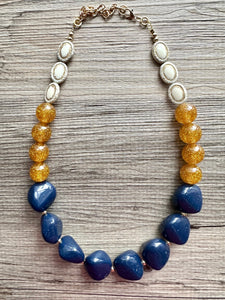 Nautical Chunky Statement Necklace, Big beaded jewelry, Single Strand Statement Necklace, navy blue an cream, gold navy necklace, white gold