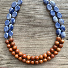 Load image into Gallery viewer, 2 Strand Wood Beaded Necklace, blue gray silver brown Jewelry Chunky statement necklace, big beaded necklace jewelry, natural earrings