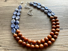 Load image into Gallery viewer, 2 Strand Wood Beaded Necklace, blue gray silver brown Jewelry Chunky statement necklace, big beaded necklace jewelry, natural earrings