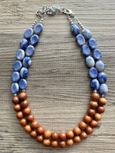 Load image into Gallery viewer, 2 Strand Wood Beaded Necklace, blue gray silver brown Jewelry Chunky statement necklace, big beaded necklace jewelry, natural earrings