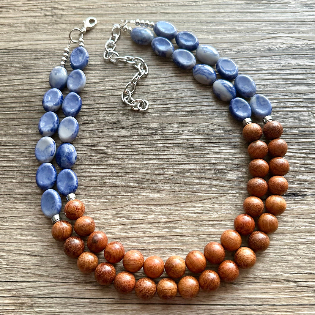 2 Strand Wood Beaded Necklace, blue gray silver brown Jewelry Chunky statement necklace, big beaded necklace jewelry, natural earrings