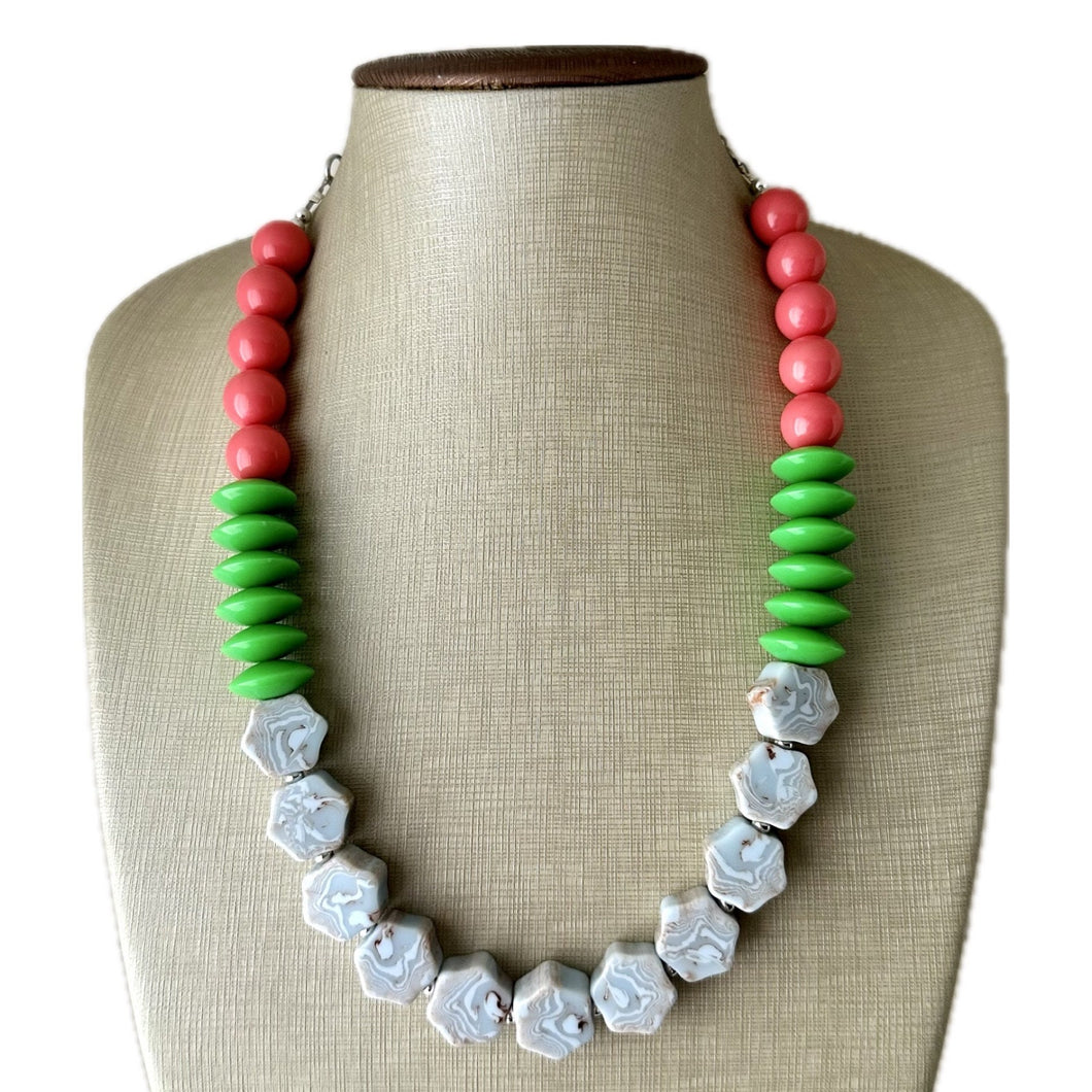 Single Strand Light Blue Big Beaded Statement Necklace, Kelly green Jewelry, coral pink beaded necklace, blue beaded bridesmaid earrings