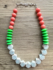 Single Strand Light Blue Big Beaded Statement Necklace, Kelly green Jewelry, coral pink beaded necklace, blue beaded bridesmaid earrings