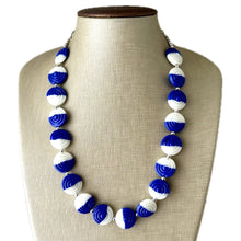 Load image into Gallery viewer, Royal Blue &amp; White Glass Single Strand Beaded Statement Necklace, dark blue beaded necklace, bridesmaid jewelry layering geometric chunky