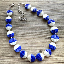 Load image into Gallery viewer, Royal Blue &amp; White Glass Single Strand Beaded Statement Necklace, dark blue beaded necklace, bridesmaid jewelry layering geometric chunky