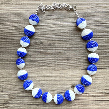 Load image into Gallery viewer, Royal Blue &amp; White Glass Single Strand Beaded Statement Necklace, dark blue beaded necklace, bridesmaid jewelry layering geometric chunky