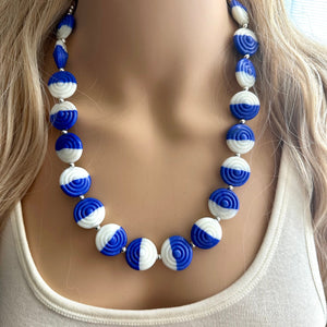 Royal Blue & White Glass Single Strand Beaded Statement Necklace, dark blue beaded necklace, bridesmaid jewelry layering geometric chunky