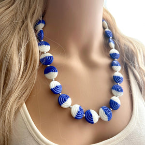 Royal Blue & White Glass Single Strand Beaded Statement Necklace, dark blue beaded necklace, bridesmaid jewelry layering geometric chunky