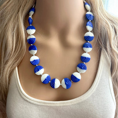 Royal Blue & White Glass Single Strand Beaded Statement Necklace, dark blue beaded necklace, bridesmaid jewelry layering geometric chunky