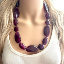 Load image into Gallery viewer, Long Eggplant purple Statement Necklace, Chunky Beaded Necklace Jewelry, long necklace, bead earrings creamy geometric jewelry layering