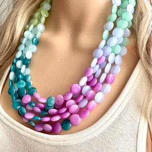 Naples Beach Resort Statement Necklace, Chunky 5 Strand Jewelry, periwinkle mint necklace, bib beaded collar green bead blue wintermint