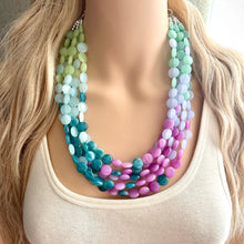 Load image into Gallery viewer, Naples Beach Resort Statement Necklace, Chunky 5 Strand Jewelry, periwinkle mint necklace, bib beaded collar green bead blue wintermint