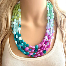 Load image into Gallery viewer, Naples Beach Resort Statement Necklace, Chunky 5 Strand Jewelry, periwinkle mint necklace, bib beaded collar green bead blue wintermint