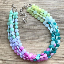 Load image into Gallery viewer, Naples Beach Resort Statement Necklace, Chunky 5 Strand Jewelry, periwinkle mint necklace, bib beaded collar green bead blue wintermint