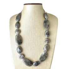 Load image into Gallery viewer, Long Gray Swirl Statement Necklace, Chunky Beaded Necklace Jewelry, long necklace, bead earrings creamy geometric jewelry layering