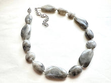 Load image into Gallery viewer, Long Gray Swirl Statement Necklace, Chunky Beaded Necklace Jewelry, long necklace, bead earrings creamy geometric jewelry layering