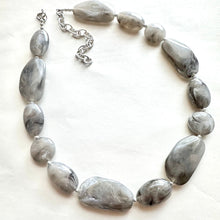 Load image into Gallery viewer, Long Gray Swirl Statement Necklace, Chunky Beaded Necklace Jewelry, long necklace, bead earrings creamy geometric jewelry layering