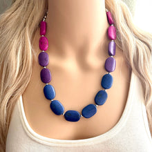 Load image into Gallery viewer, Jewel Tone Stone Chunky Statement Necklace single Strand Beaded jewelry, bridesmaid bib wedding bead OOAK pink purple blue geometric