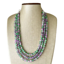 Load image into Gallery viewer, Purple &amp; Green Ombré Necklace, 3 strand bright jewelry, glass big beaded chunky statement lavender purple mint green crackle