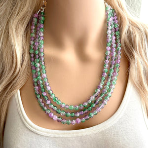 Purple & Green Ombré Necklace, 3 strand bright jewelry, glass big beaded chunky statement lavender purple mint green crackle