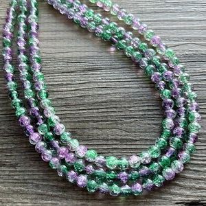 Purple & Green Ombré Necklace, 3 strand bright jewelry, glass big beaded chunky statement lavender purple mint green crackle