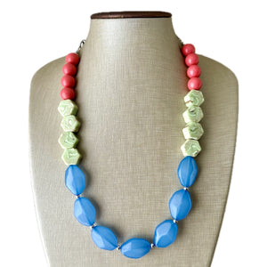 Single Strand Light Blue Big Beaded Statement Necklace, light green Jewelry, coral pink beaded necklace, blue beaded bridesmaid aqua