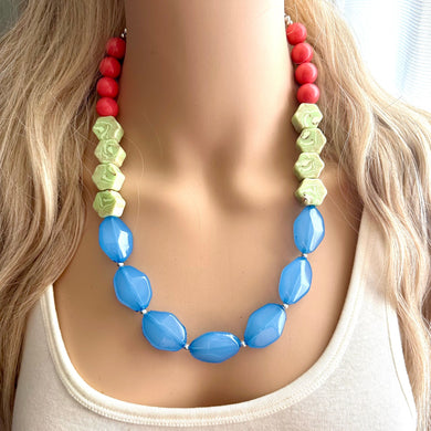 Single Strand Light Blue Big Beaded Statement Necklace, light green Jewelry, coral pink beaded necklace, blue beaded bridesmaid aqua