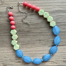 Load image into Gallery viewer, Single Strand Light Blue Big Beaded Statement Necklace, light green Jewelry, coral pink beaded necklace, blue beaded bridesmaid aqua