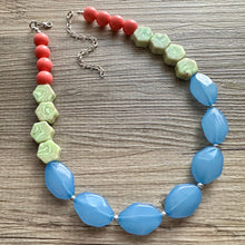 Load image into Gallery viewer, Single Strand Light Blue Big Beaded Statement Necklace, light green Jewelry, coral pink beaded necklace, blue beaded bridesmaid aqua