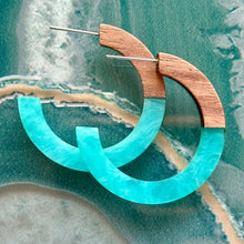 Load image into Gallery viewer, Turquoise Hoop earrings, resin &amp; wood round circle earrings, thin earrings, blue creamy earrings hoops, aqua light blue weekend summer