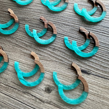 Load image into Gallery viewer, Turquoise Hoop earrings, resin &amp; wood round circle earrings, thin earrings, blue creamy earrings hoops, aqua light blue weekend summer