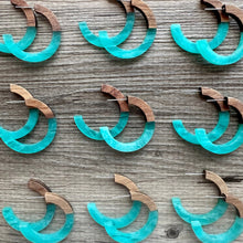 Load image into Gallery viewer, Turquoise Hoop earrings, resin &amp; wood round circle earrings, thin earrings, blue creamy earrings hoops, aqua light blue weekend summer