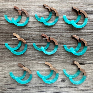 Turquoise Hoop earrings, resin & wood round circle earrings, thin earrings, blue creamy earrings hoops, aqua light blue weekend summer