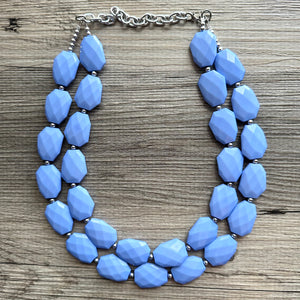 Periwinkle Sky Double Strand Statement Necklace, Chunky pale blue Oval Beaded Bib Jewelry earrings, blue jewelry set, baby purple jewelry