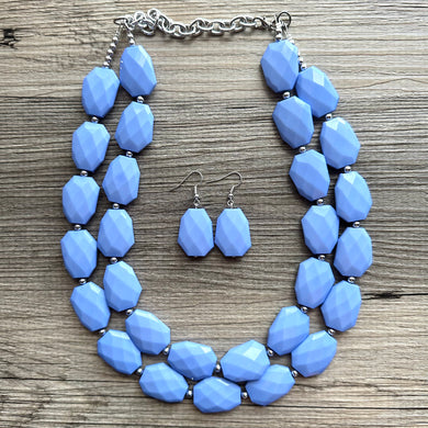 Periwinkle Sky Double Strand Statement Necklace, Chunky pale blue Oval Beaded Bib Jewelry earrings, blue jewelry set, baby purple jewelry