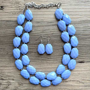 Periwinkle Sky Double Strand Statement Necklace, Chunky pale blue Oval Beaded Bib Jewelry earrings, blue jewelry set, baby purple jewelry