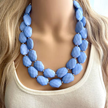 Load image into Gallery viewer, Periwinkle Sky Double Strand Statement Necklace, Chunky pale blue Oval Beaded Bib Jewelry earrings, blue jewelry set, baby purple jewelry