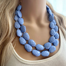 Load image into Gallery viewer, Periwinkle Sky Double Strand Statement Necklace, Chunky pale blue Oval Beaded Bib Jewelry earrings, blue jewelry set, baby purple jewelry