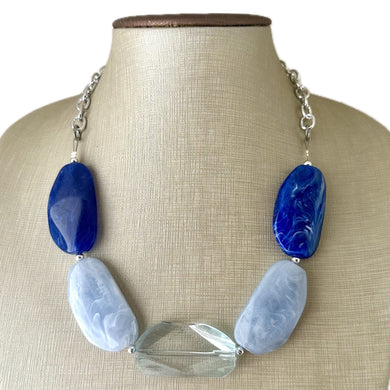 Blue Ombré Beaded Chunky Statement Necklace, aqua blue necklace, single silver beaded wedding, bridesmaid jewelry baby blue turquoise