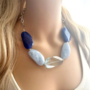 Blue Ombré Beaded Chunky Statement Necklace, aqua blue necklace, single silver beaded wedding, bridesmaid jewelry baby blue turquoise